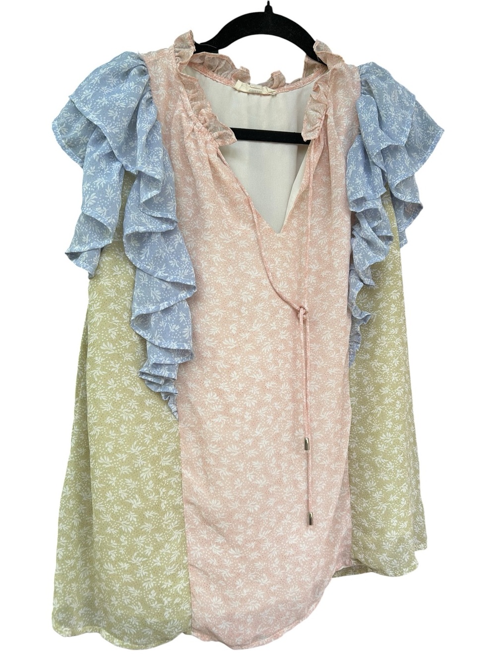 entro Pastel Ruffle Colorblock Blouse in Peach, Blue & Sage